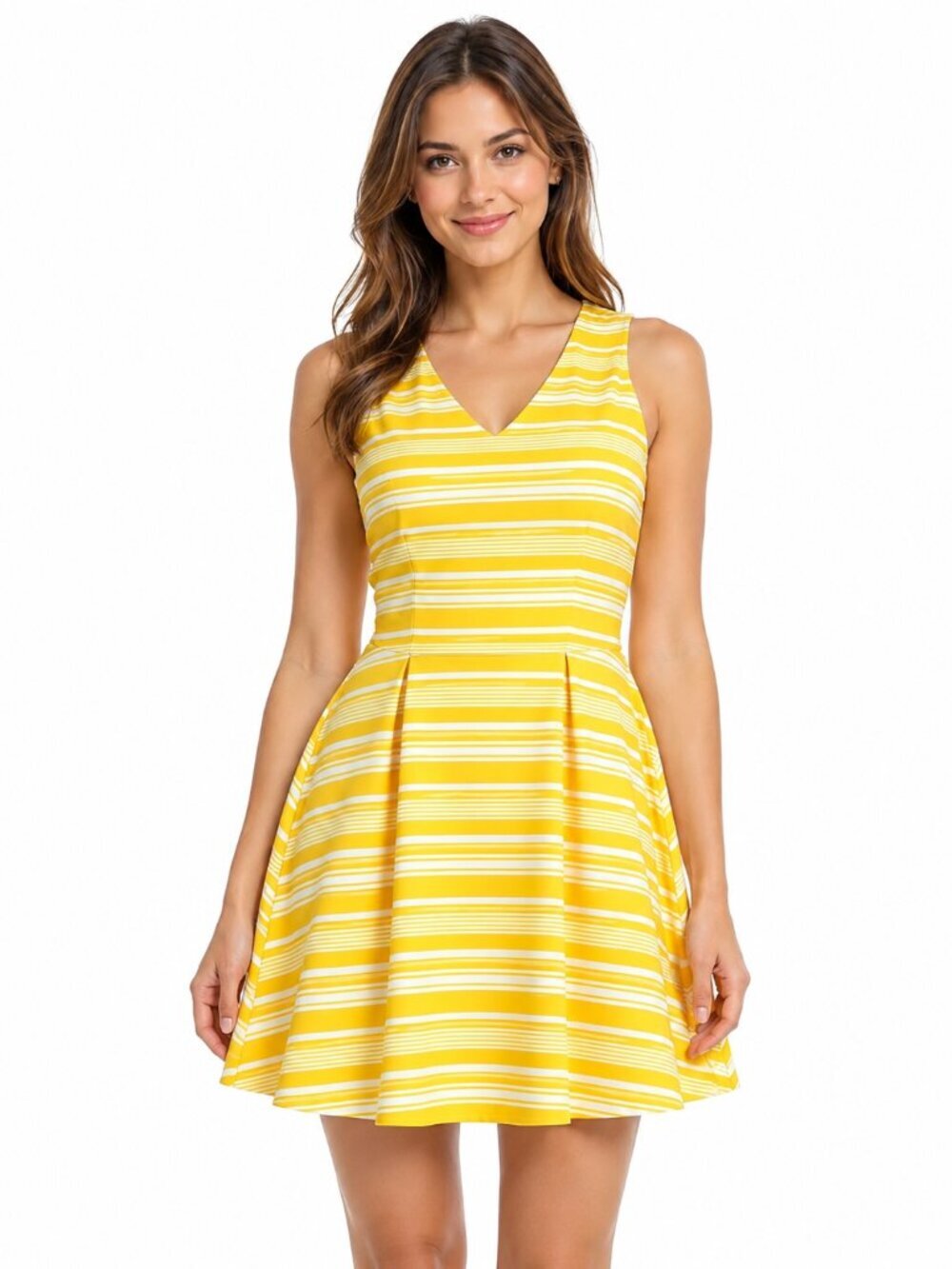 Copper Key Junior's Yellow Striped Pleated Scuba Knit Skater Dress